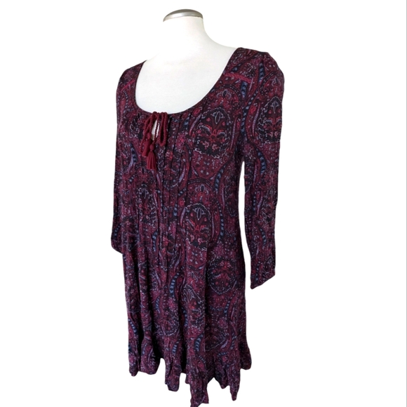American Eagle Boho Maroon & Navy Size Medium Dress Ruffle Flowy - Picture 2 of 11